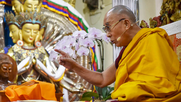 Sua Santità il Dalai Lama durante il primo dei quattro giorni di insegnamenti al Tempio Tibetano Principale a Dharamsala, India, il 3 ottobre 2018. Foto di Tenzin Phende/DIIR