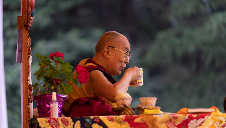 Sua Santità il Dalai Lama durante una pausa, il primo giorno dei suoi insegnamenti a Manali, India, il 13 agosto 2019. Foto di Tenzin Choejor